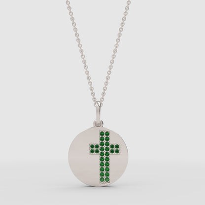 Emerald Cross Disc Pendant Necklace With Chain - Three