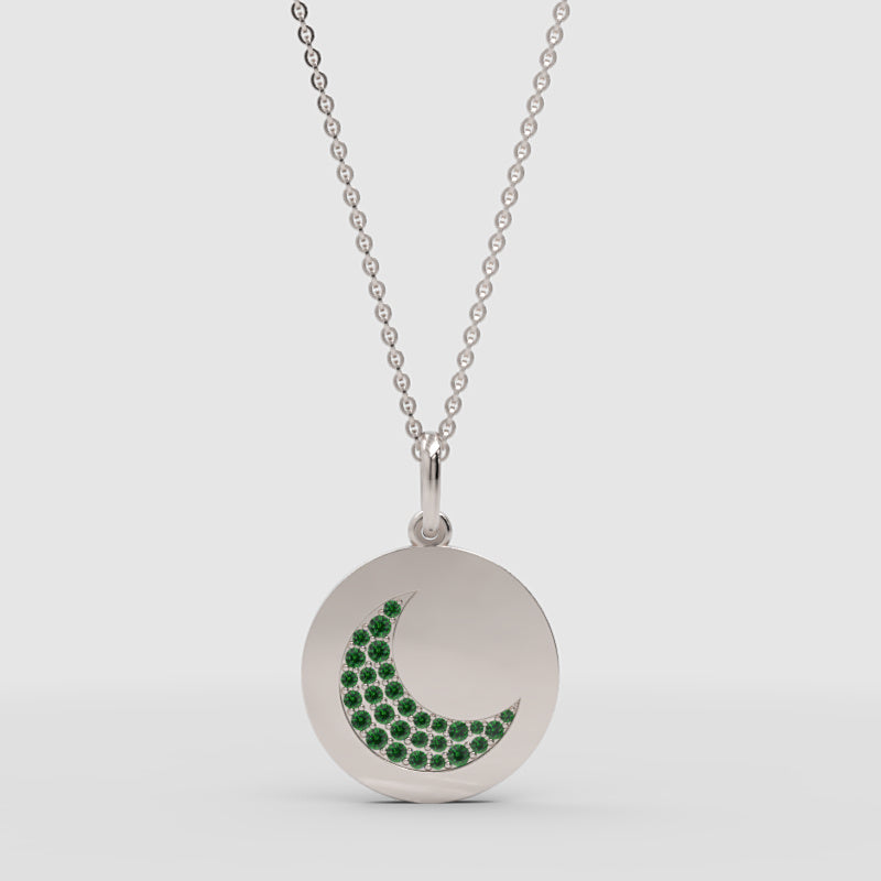 Emerald Crescent Moon Disc Pendant Necklace - Four
