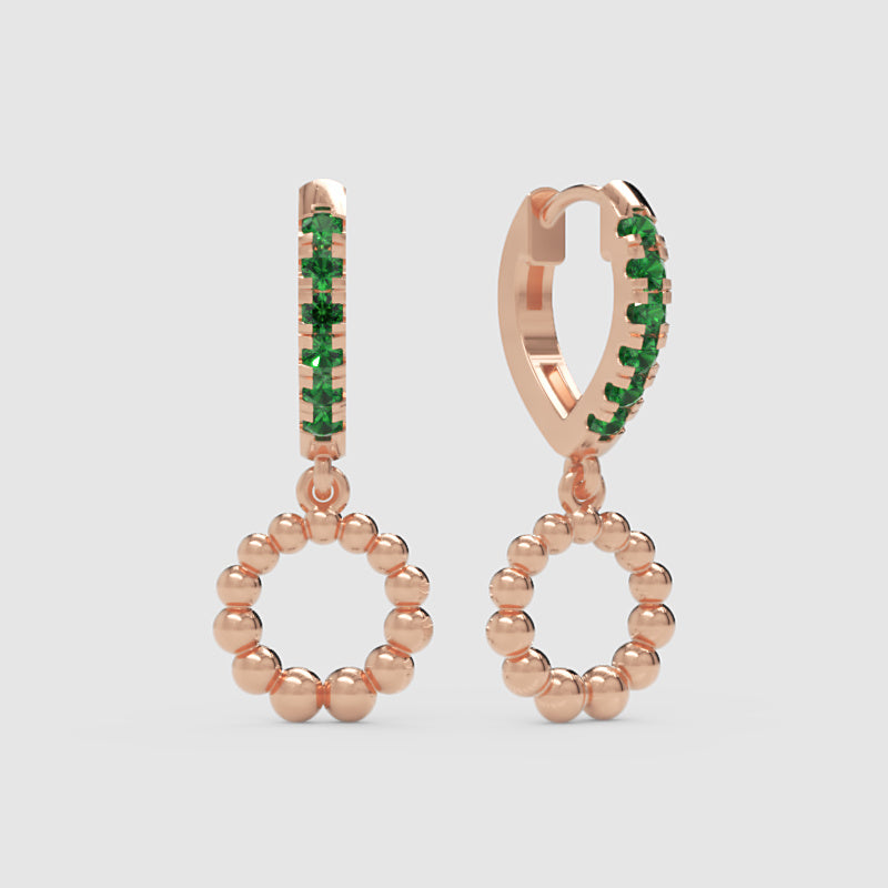 Emerald Huggie Hoop Earrings With Beaded Circle Drop Charms - Three
