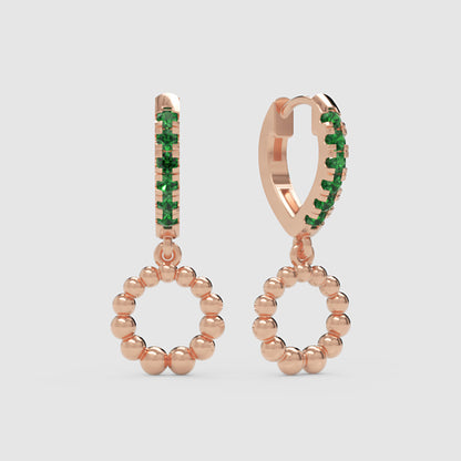 Emerald Huggie Hoop Earrings With Beaded Circle Drop Charms - Three
