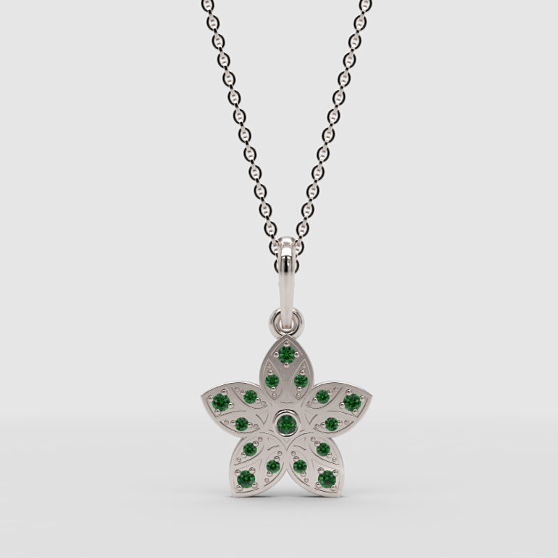 Minimalist Floral Pendant Necklace Green Stones In Yellow Gold - Four