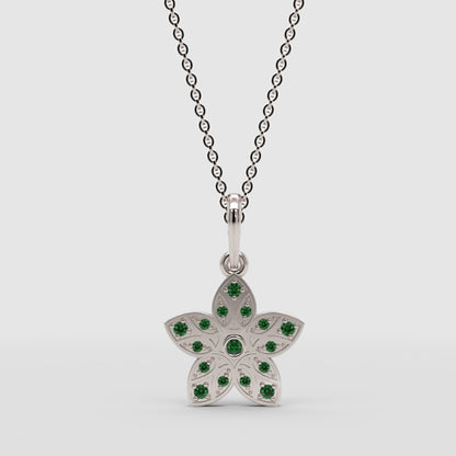 Minimalist Floral Pendant Necklace Green Stones In Yellow Gold - Four