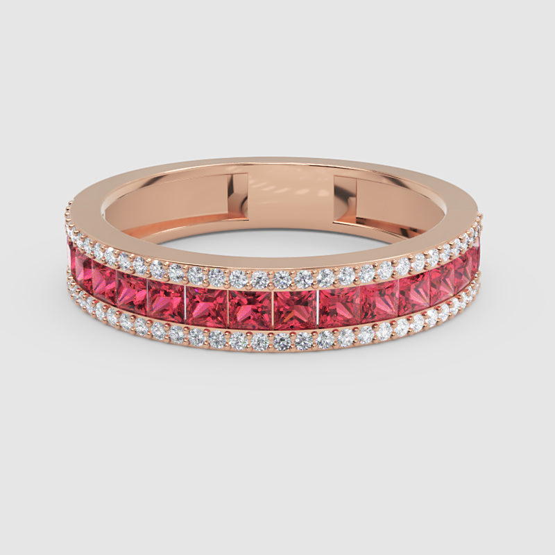 Princess Cut Ruby And Diamond Channel Set Wedding Band Ring - Eight