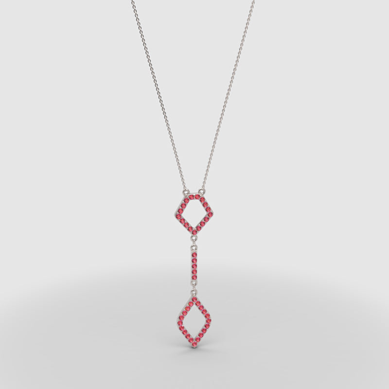 Lab-Grown Ruby Geometric Drop Pendant Necklace In Rose Gold | Adjustable 16–17 Inch Chain - Four