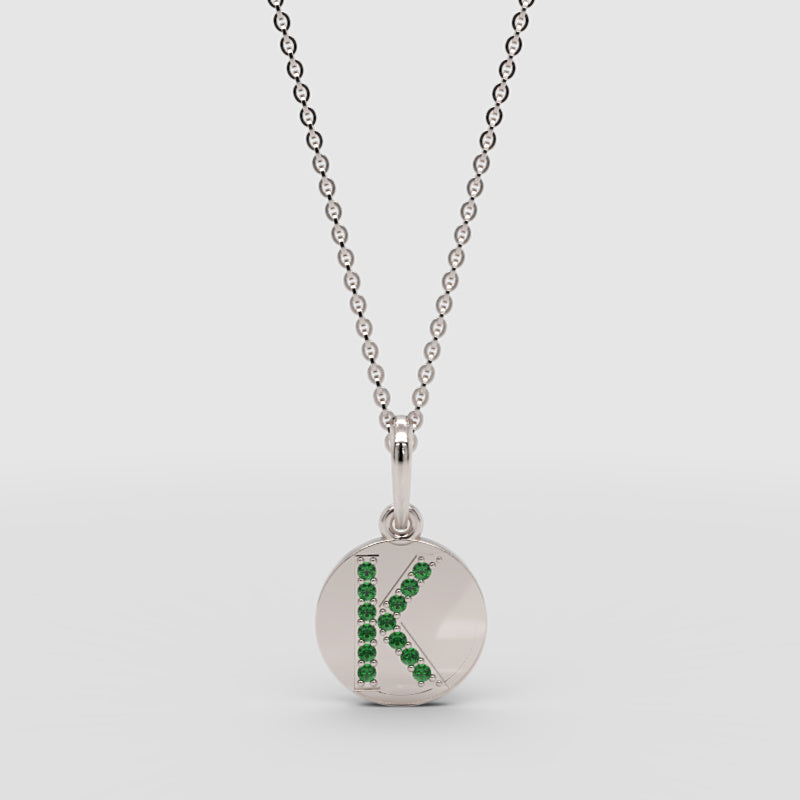 Personalized K Letter Pendant Necklace In Yellow Gold With Green Stones - Four