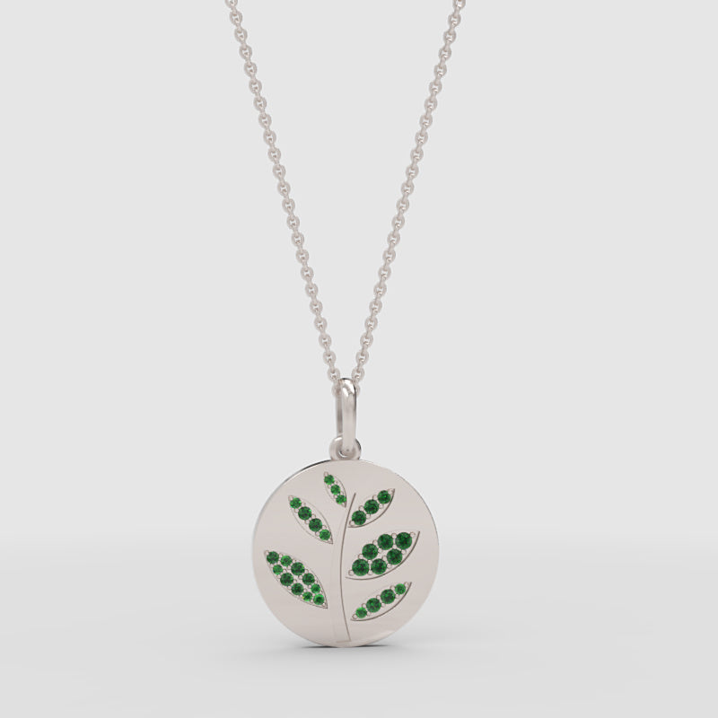Green Leaf Disc Pendant Necklace With Emerald Stones - Four