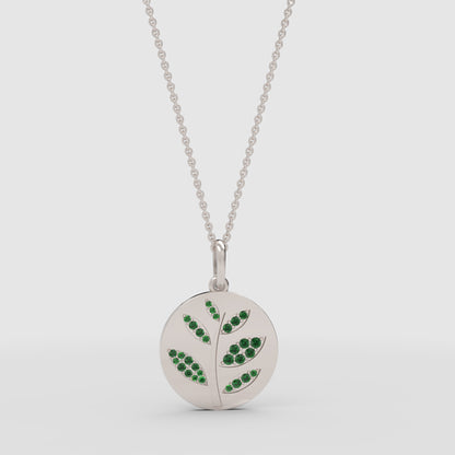 Green Leaf Disc Pendant Necklace With Emerald Stones - Four