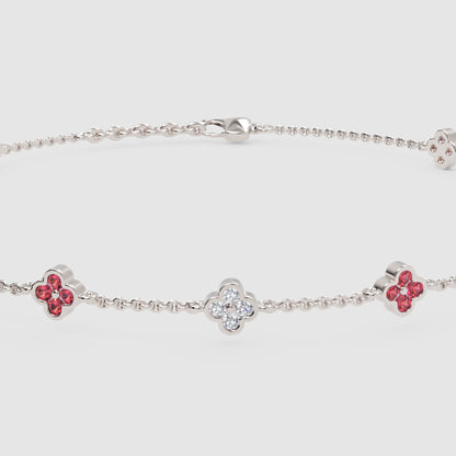 Delicate Clover Station Bracelet with Pink and White Gemstones