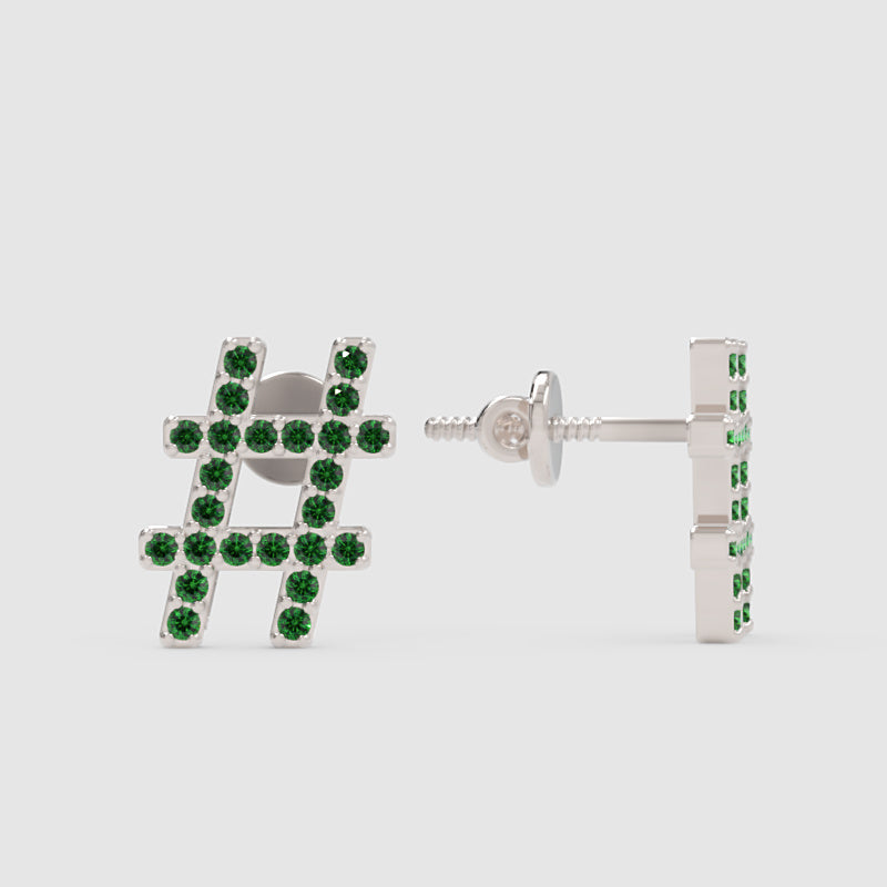 Green Crystal Hashtag Symbol Stud Earrings With Screw Back - Four