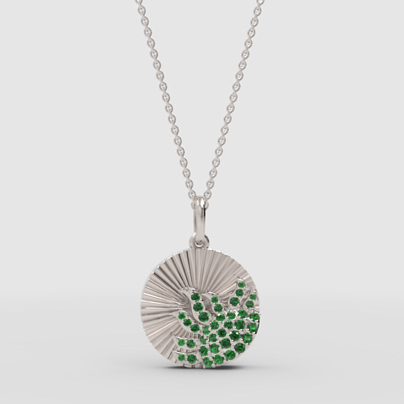 Sunburst Disc Pendant Necklace With Green Emerald Stones - Four