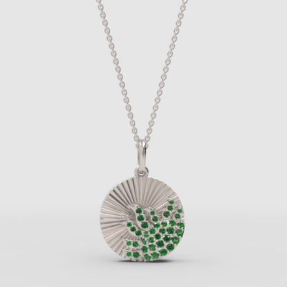 Sunburst Disc Pendant Necklace With Green Emerald Stones - Four