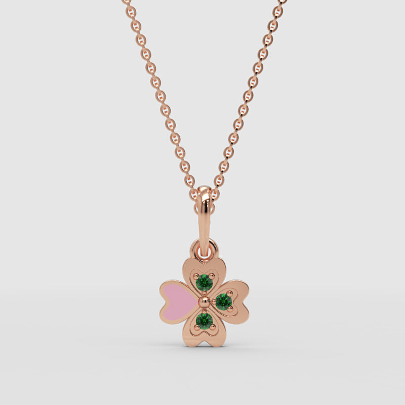 Enamel Clover Pendant Necklace With Green Stones - Four