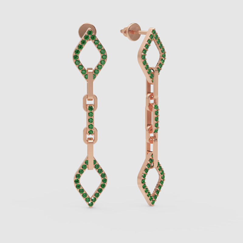 Emerald Chain Link Drop Earrings With Geometric Diamond Shapes - Four