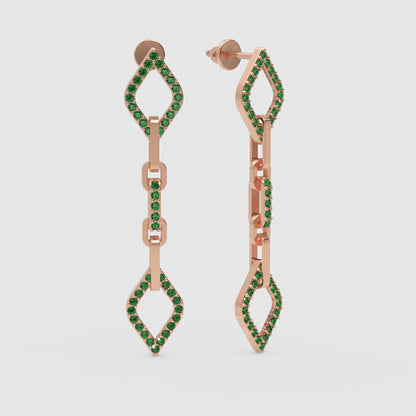 Emerald Chain Link Drop Earrings With Geometric Diamond Shapes - Four