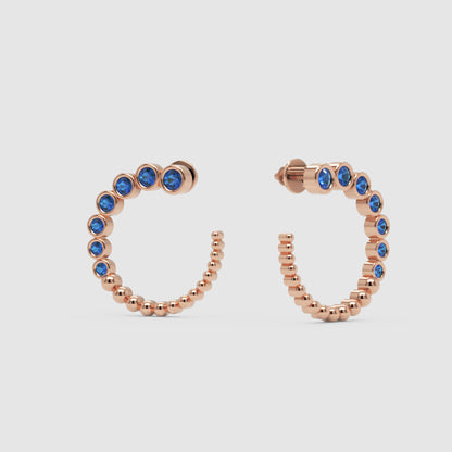 Blue Sapphire Beaded Circle Hoop Earrings With Screw Backs - Seven