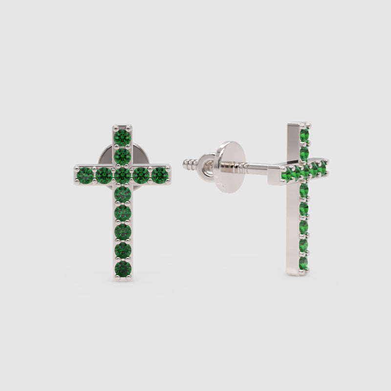 Emerald Cross Stud Earrings With Screw Back Closure - Four