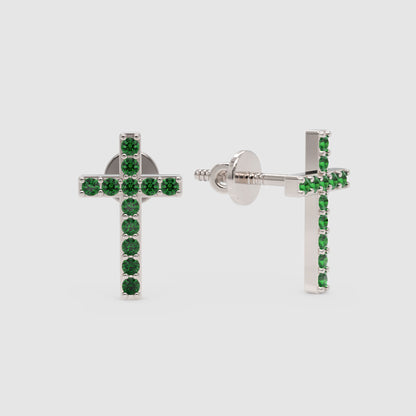 Emerald Cross Stud Earrings With Screw Back Closure - Four