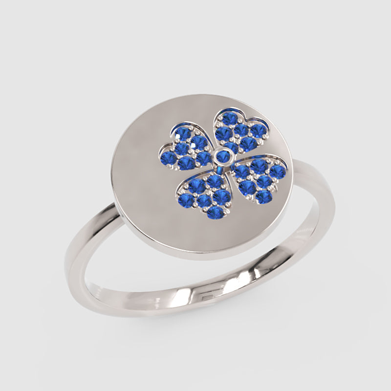 Blue Sapphire Four Leaf Clover Disc Ring - Seven