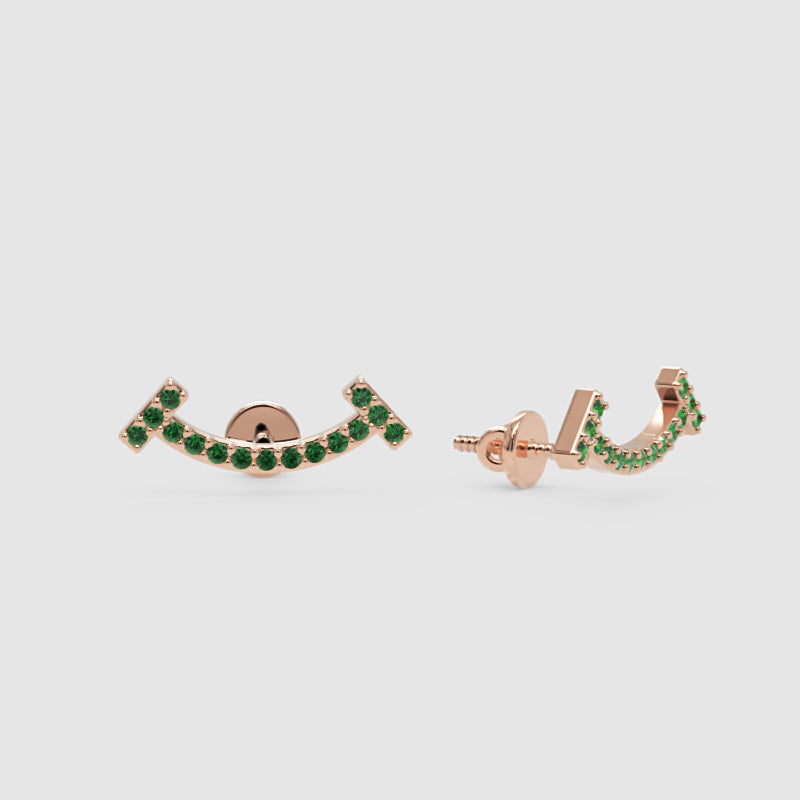 Curved Bar Stud Earrings With Green Stones - Four