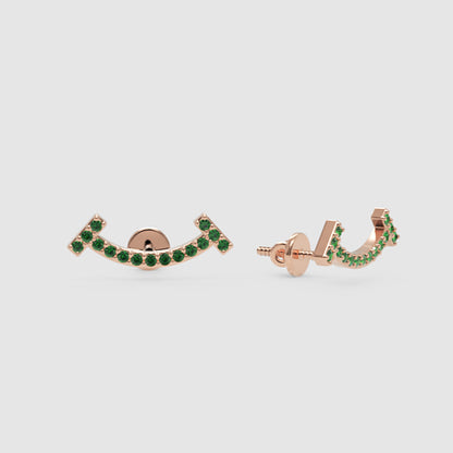 Curved Bar Stud Earrings With Green Stones - Four