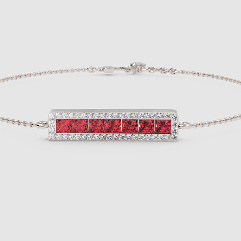 Princess Cut Ruby Bar Bracelet With Diamond Halo Chain Bracelet - Seven