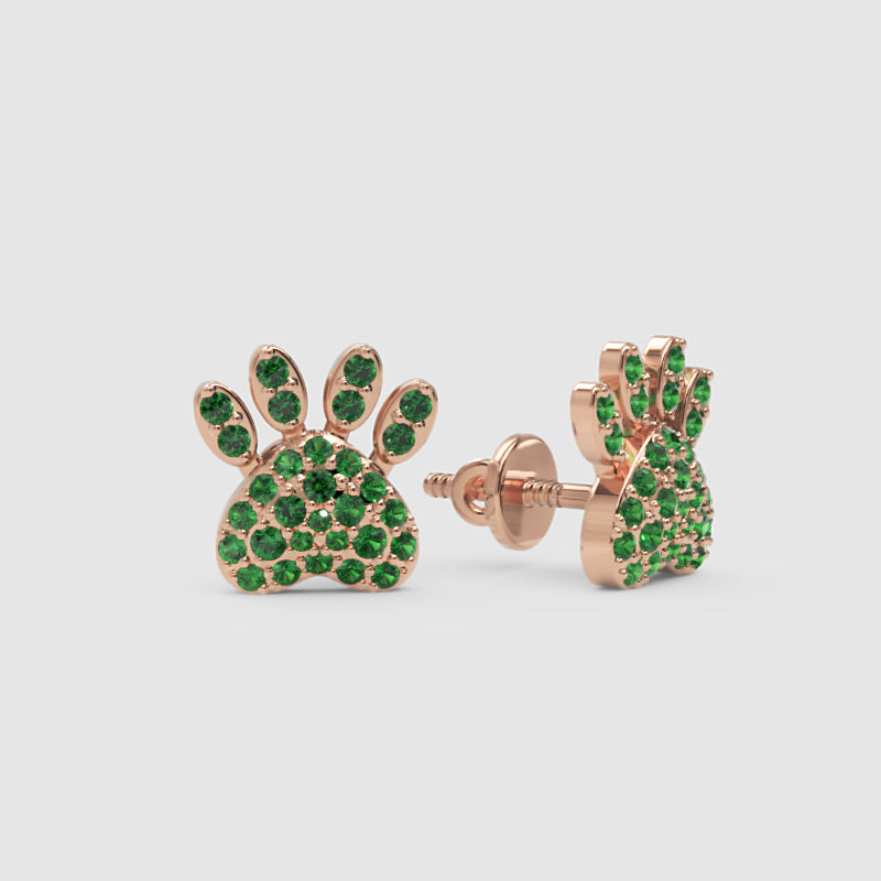 Green Crystal Paw Print Stud Earrings With Screw Back - Four