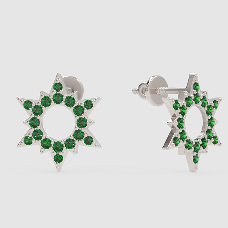 Emerald Star Burst Stud Earrings With Screw Back Closure - Four