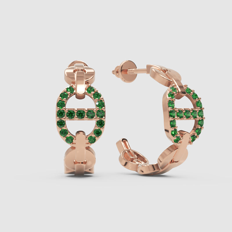 Green Lab-Grown Gemstone Hoop Earrings In Gold Finish – Modern Oval Link Huggie Design - Four