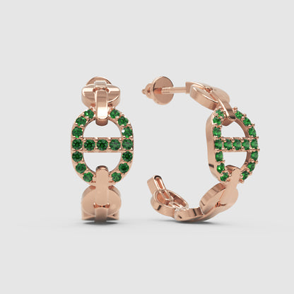 Green Lab-Grown Gemstone Hoop Earrings In Gold Finish – Modern Oval Link Huggie Design - Four