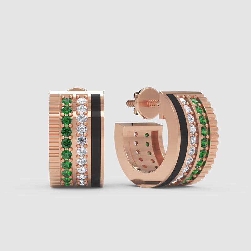 Emerald & Diamond Triple Row Hoop Earrings In White Gold With Black Enamel – Premium Statement Hoops | Jebij - Four