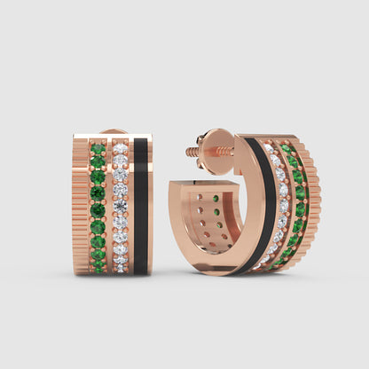 Emerald & Diamond Triple Row Hoop Earrings In White Gold With Black Enamel – Premium Statement Hoops | Jebij - Four