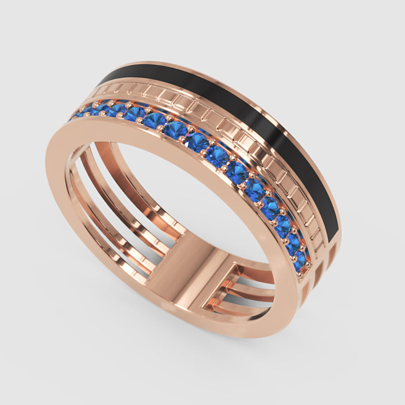 Gold Blue Sapphire Band Ring 6Mm With Black Enamel – Wide Statement Luxury Ring | Jebij - Seven