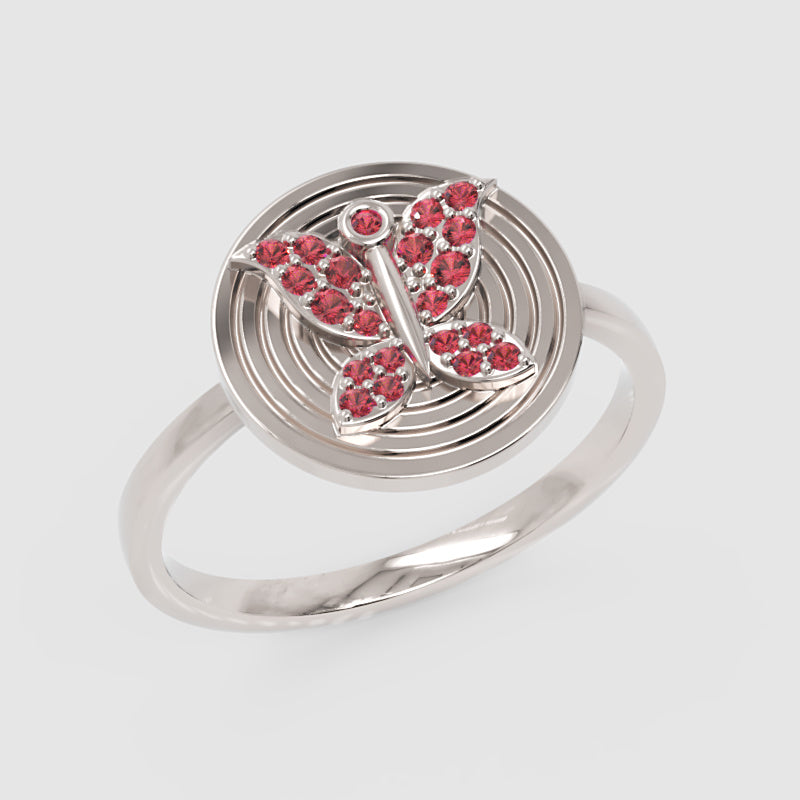 Rose Butterfly Medallion Ring With Pink Gemstones - Seven