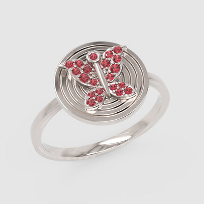 Rose Butterfly Medallion Ring With Pink Gemstones - Seven