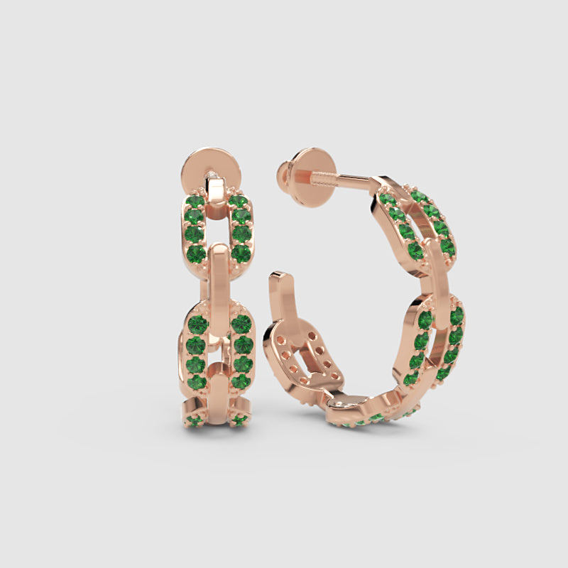 Emerald Chain Link Hoop Earrings With Screw Back Closure - Four