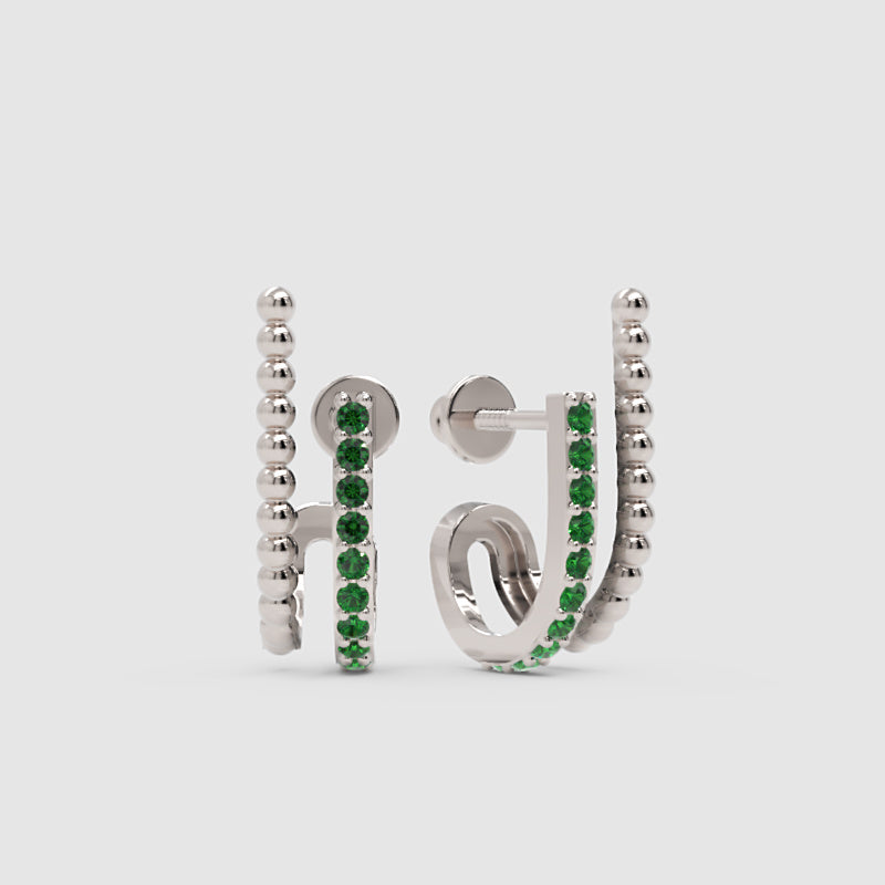 Emerald Beaded Double Hoop Stud Earrings - Four