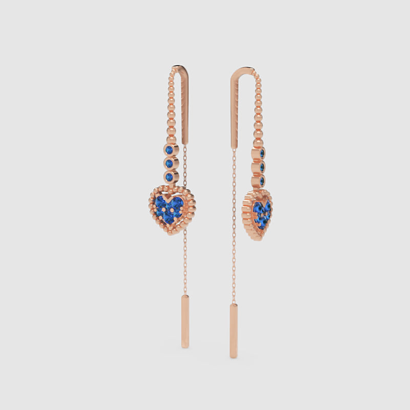 Blue Sapphire Heart Threader Earrings With Bar Drop - Seven