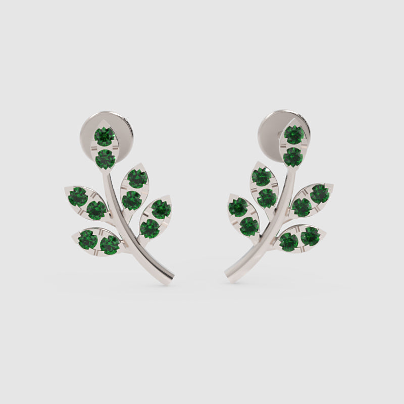 Emerald Leaf Branch Stud Earrings With Green Gemstones - Four