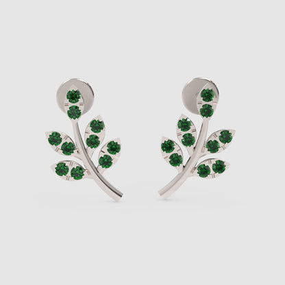 Emerald Leaf Branch Stud Earrings With Green Gemstones - Four