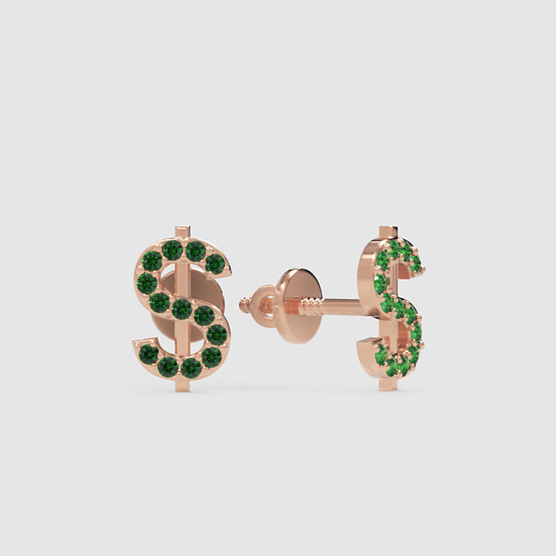 Dollar Sign Stud Earrings With Green Crystals Screw Back Closure - Four