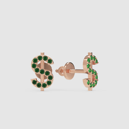 Dollar Sign Stud Earrings With Green Crystals Screw Back Closure - Four