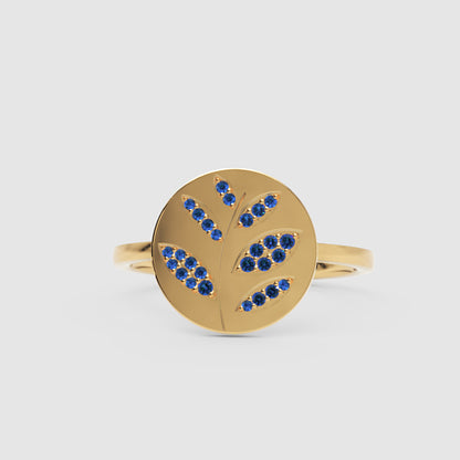 Blue Sapphire Leaf Disc Ring - Seven