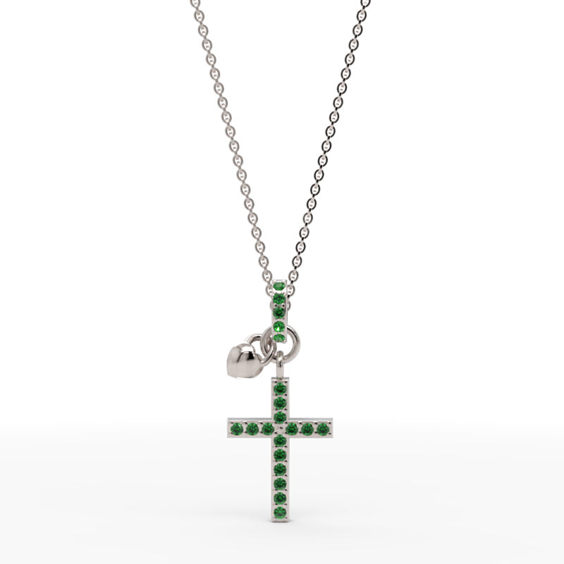Emerald Cross Pendant Necklace With Heart Charm - Three