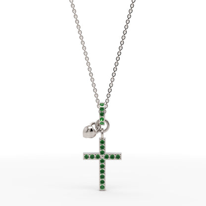 Emerald Cross Pendant Necklace With Heart Charm - Three