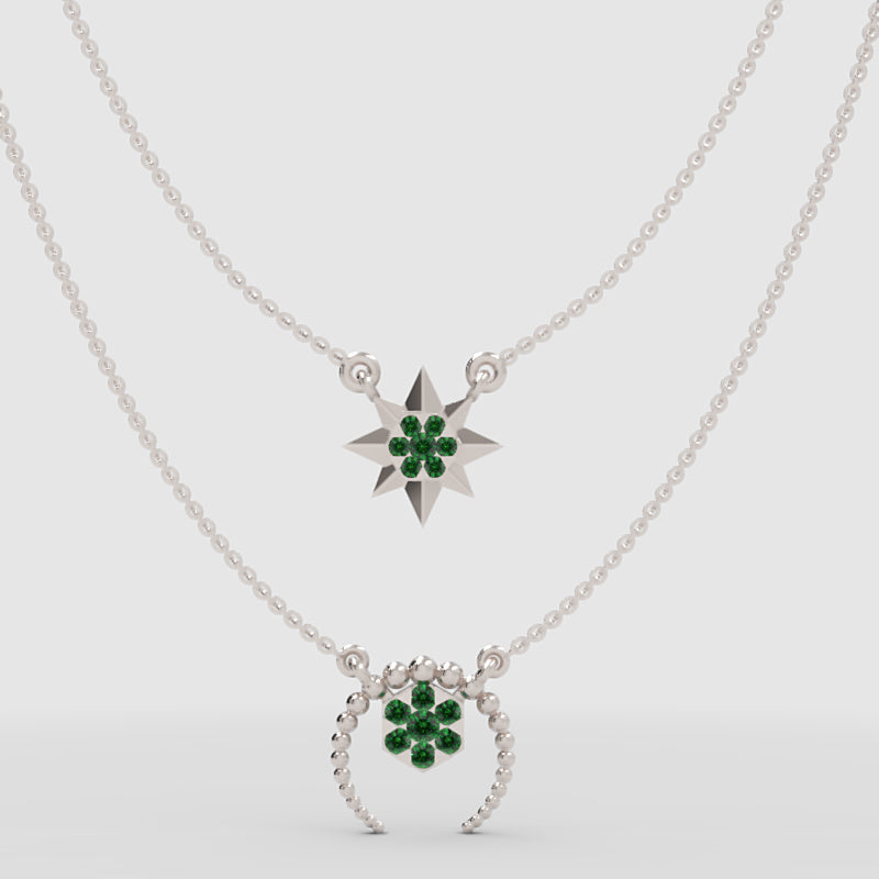Layered Star And Circle Pendant Necklace With Green Stones - Four