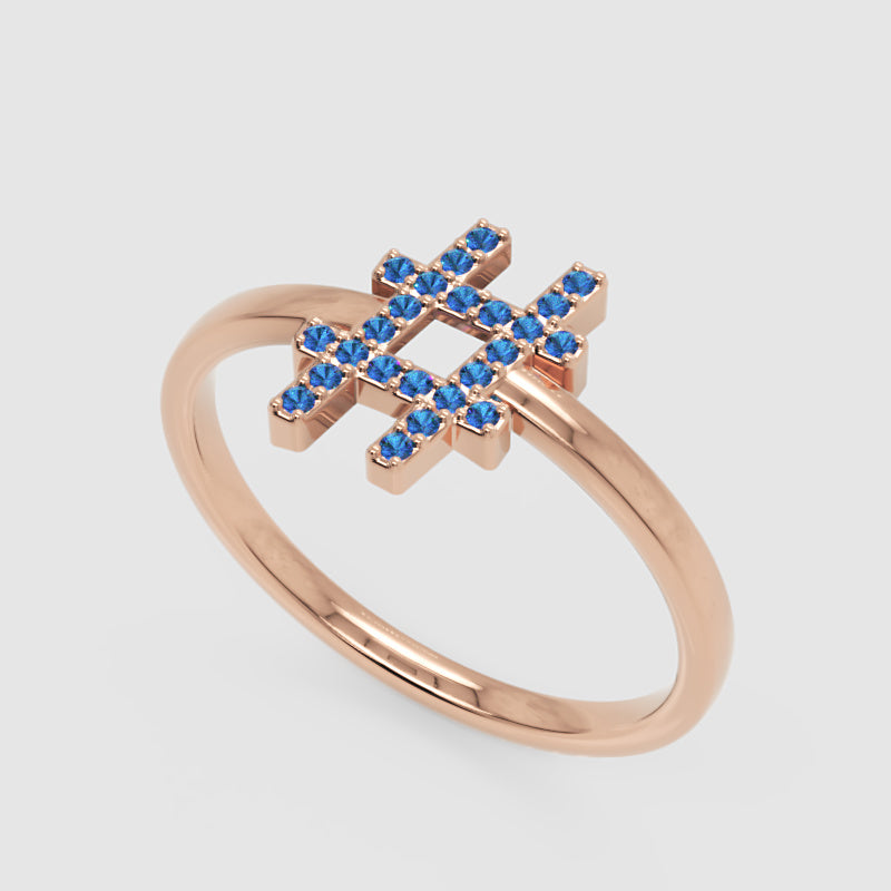 Blue Sapphire Hashtag Symbol Ring With Pav Stones - Seven