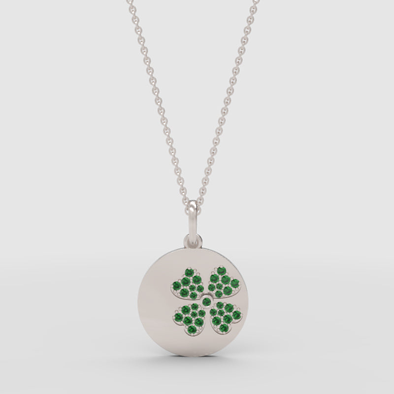 Four Leaf Clover Emerald Disc Pendant Necklace - Three