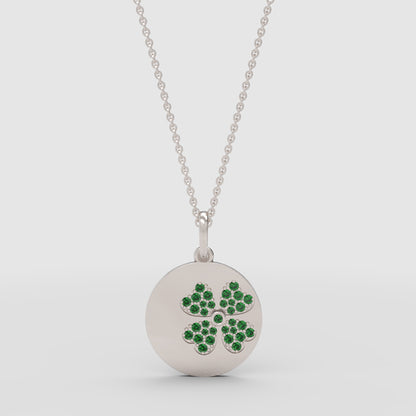 Four Leaf Clover Emerald Disc Pendant Necklace - Three