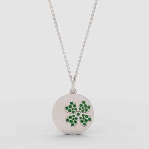 Four Leaf Clover Emerald Disc Pendant Necklace