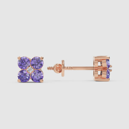 Purple Amethyst Four Stone Cluster Stud Earrings With Diamond Accent - Seven